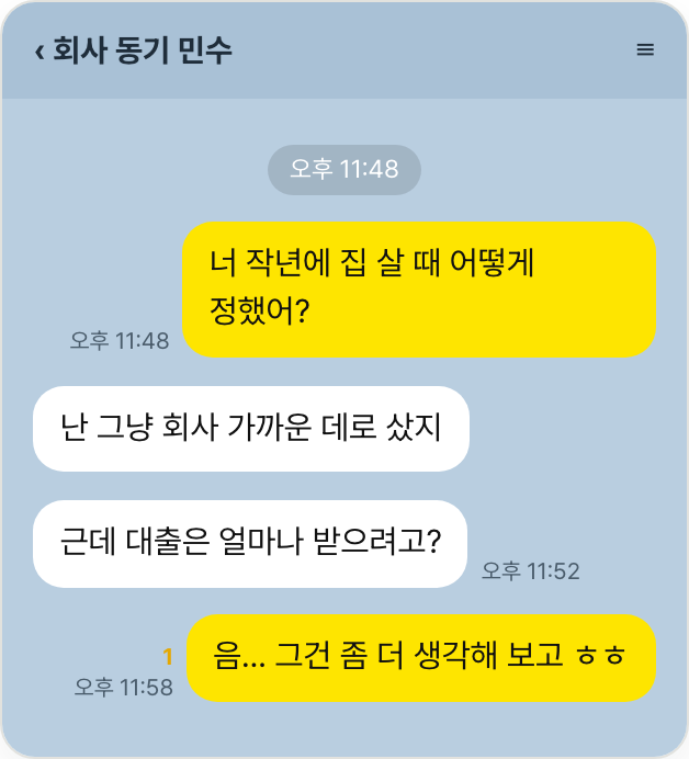 지인에게 집 구매를 물어보다 만 메신저 대화 화면